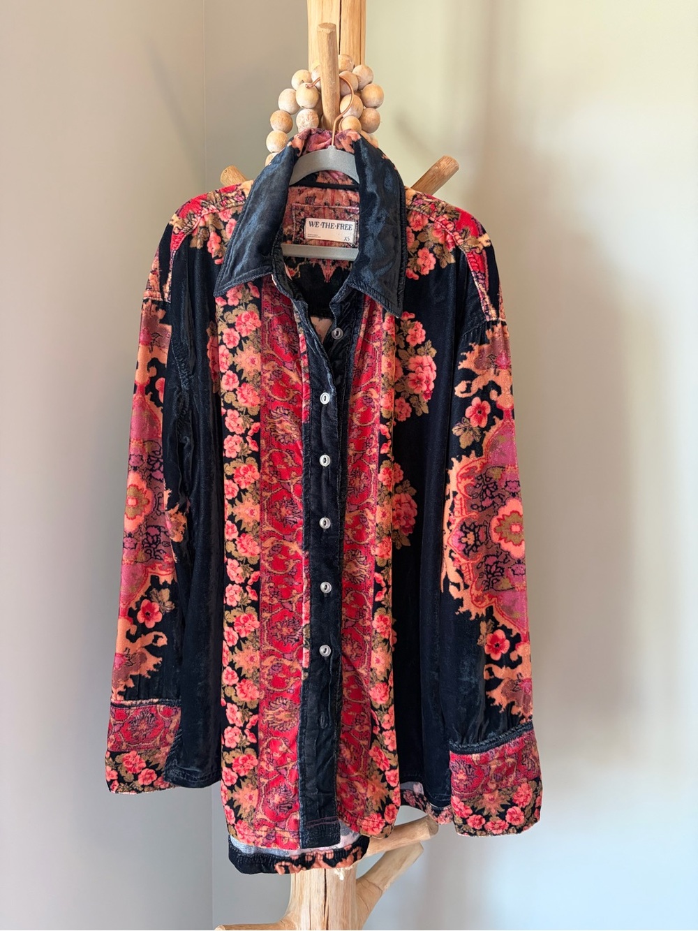 We The Free Black Velvet Floral Button-Front Jacket with Pink & Coral Accents